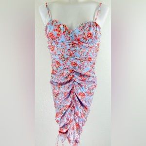 NWT O. Vianca  Blue And Pink Satin Ruched Bodycon Midi Dress SML